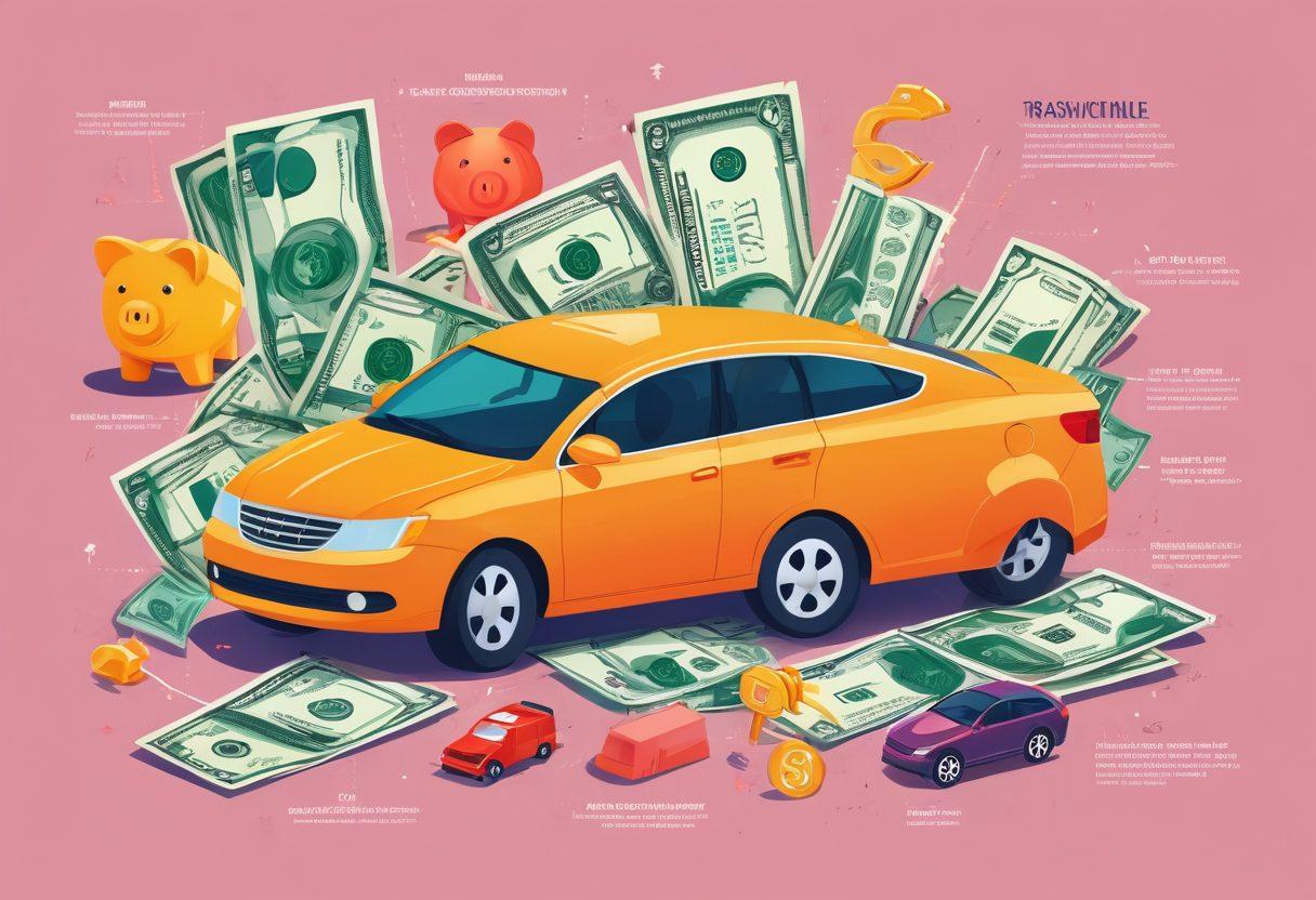 A visually engaging infographic showcasing essential vehicle insurance strategies, featuring a car surrounded by money-saving icons like piggy banks, dollar signs, and checklists. Incorporate elements such as a calculator, a road map, and a shield symbolizing protection. Use vibrant colors to illustrate a sense of financial empowerment and security. Include a graph showing potential savings trends. minimalistic style. vibrant colors. flat design.