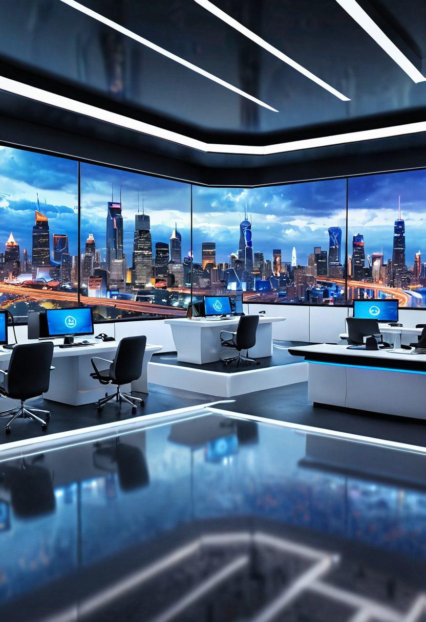 A futuristic auto insurance office with sleek designs and digital screens showcasing trends in the automotive industry. Include diverse professionals discussing data and trends, with a backdrop of a city skyline and modern cars. The atmosphere should be dynamic and innovative, symbolizing progress in insurance. vibrant colors. 3D.