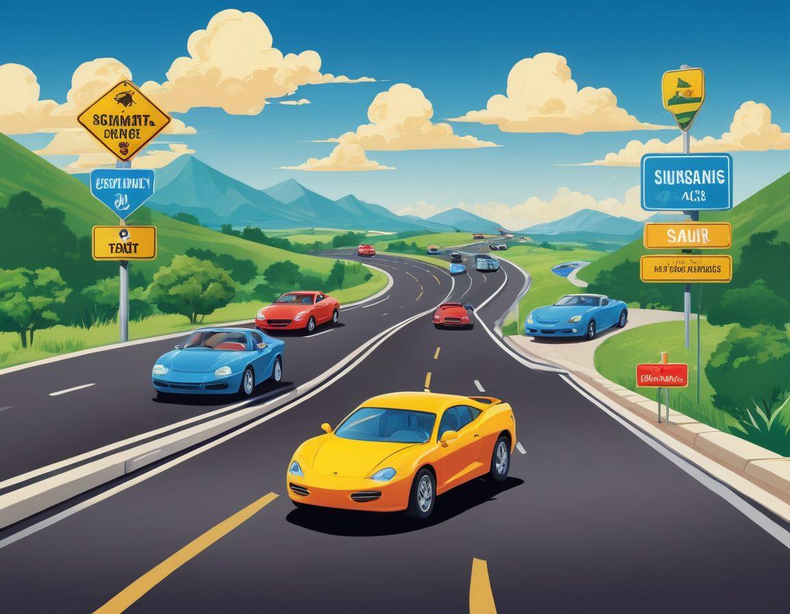 A winding road with a bright blue sky above, featuring a diverse group of people confidently driving different types of cars. Alongside the road, colorful signposts display key phrases about savings and smart insurance choices, such as 'Smart Choices Ahead' and 'Save More, Worry Less'. Incorporate playful elements like cartoon-style dollar signs and a friendly sun wearing sunglasses. vector art. vibrant colors. clean background.